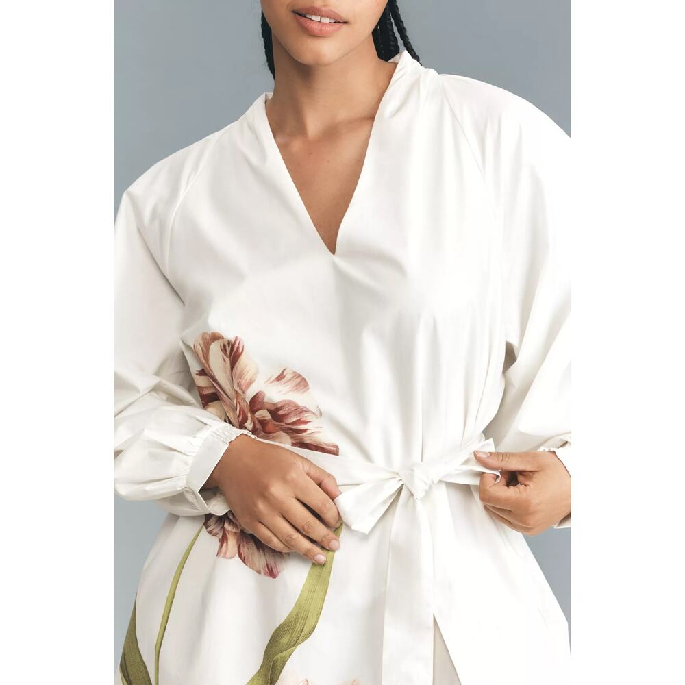 nwt by ANTHROPOLOGIE sz XL Belted V-Neck Floral Midi dress in white - Picture 3 of 5